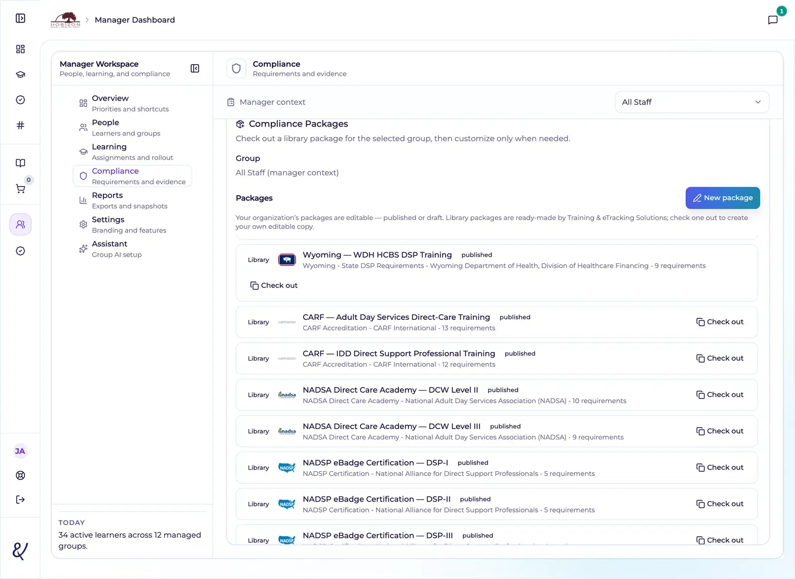 The YTP LMS pathway library — CARF, NADSP, and state requirement sets